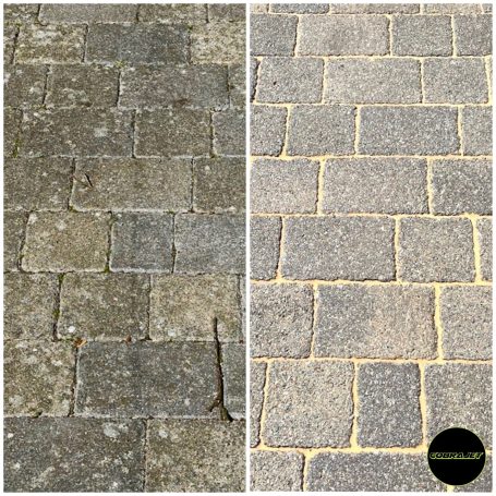 Before and after comparison of cleaned cobblestone paving in Weymouth Dorset Before and after comparison of cleaned cobblestone paving in Weymouth Dorset