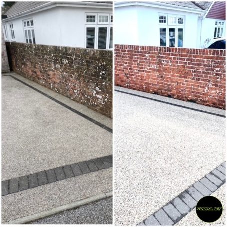 Side by side image of resin driveway cleaning in Weymouth Dorset Side by side image of resin driveway cleaning in Weymouth Dorset