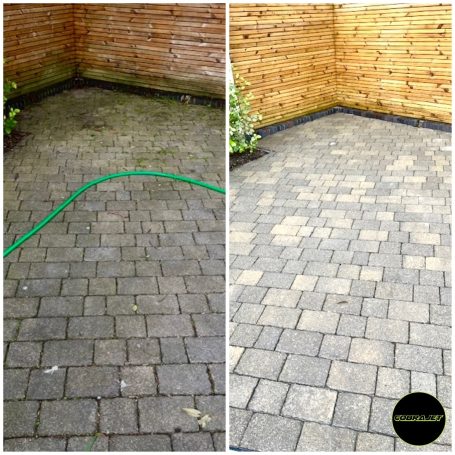 Before and after image of patio cleaning in Weymouth Dorset Before and after image of patio cleaning in Weymouth Dorset
